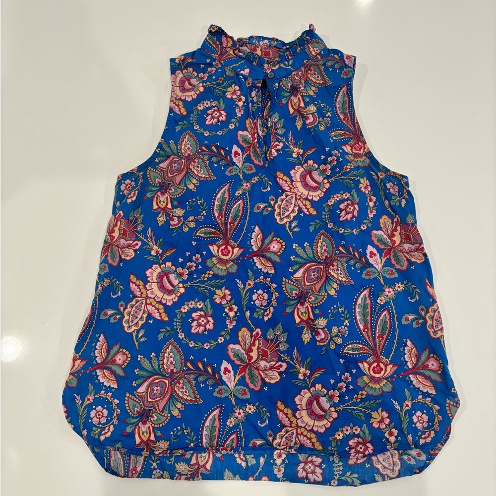 J. Crew Liberty Print Blouse size 2 blue paisley ruffle sleeveless layering - Picture 4 of 11